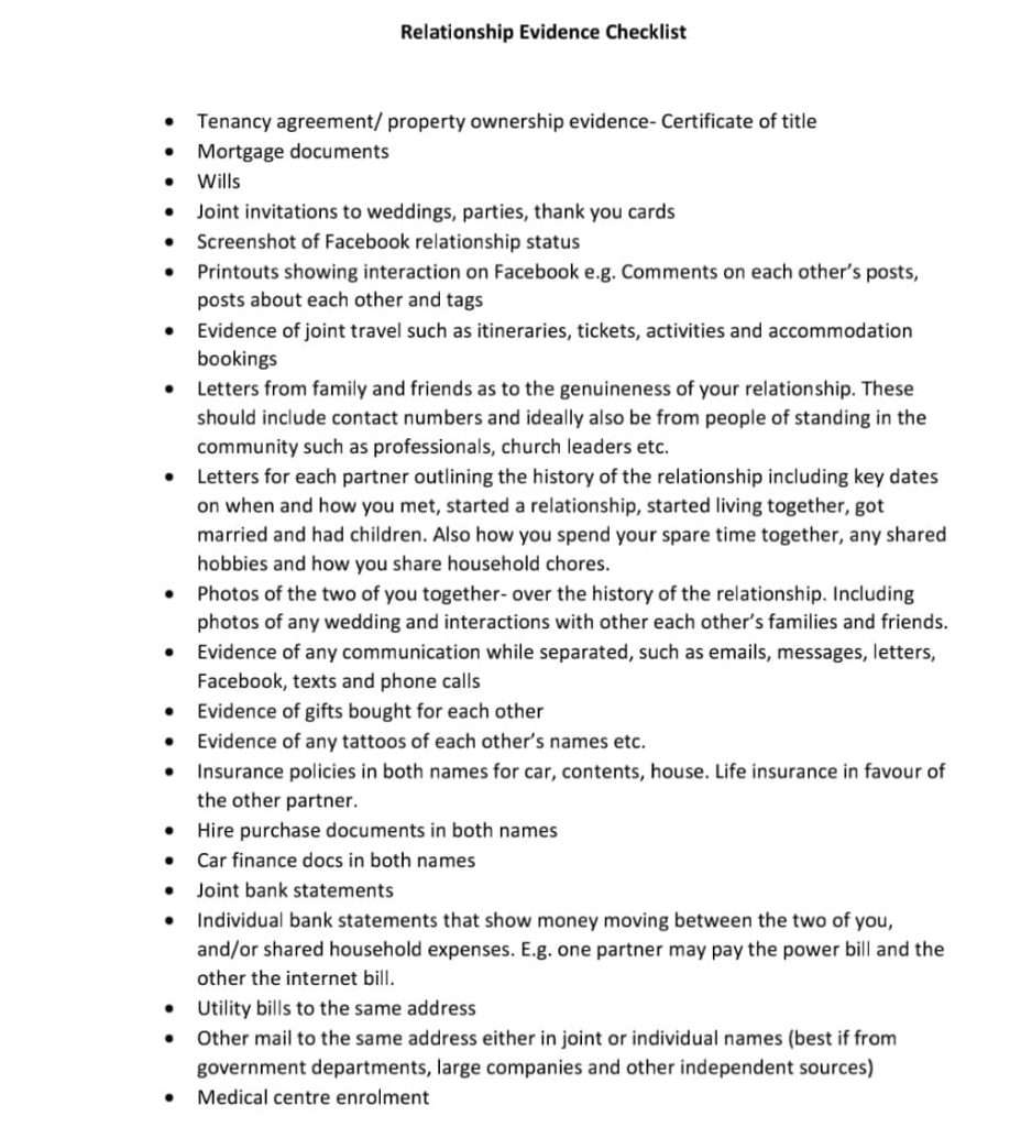 Proof of Relationship Checklist Moving to New Zealand